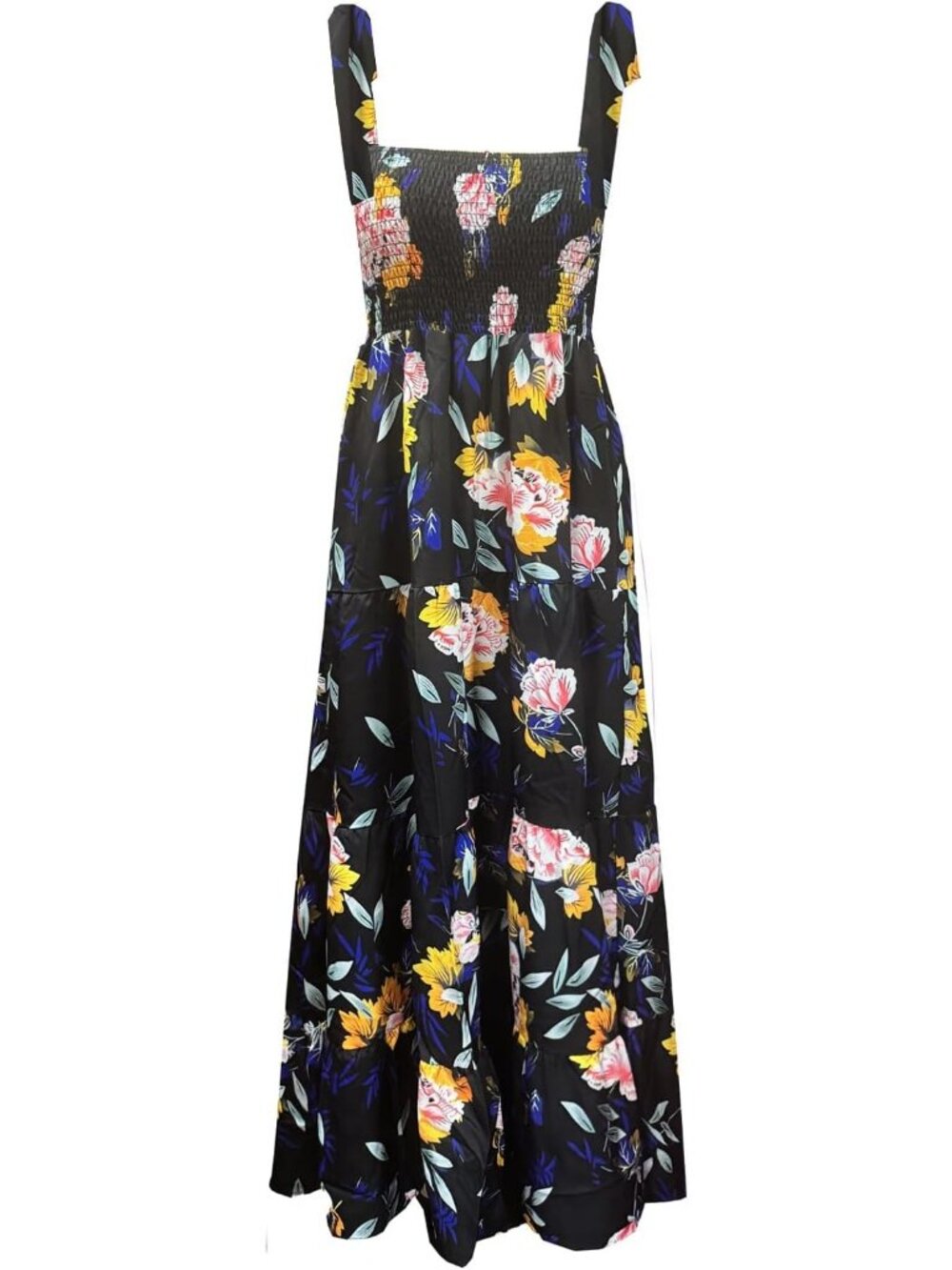 Women's Black Sleeveless Square Neck Ruffle Flowy Imported Maxi Dress